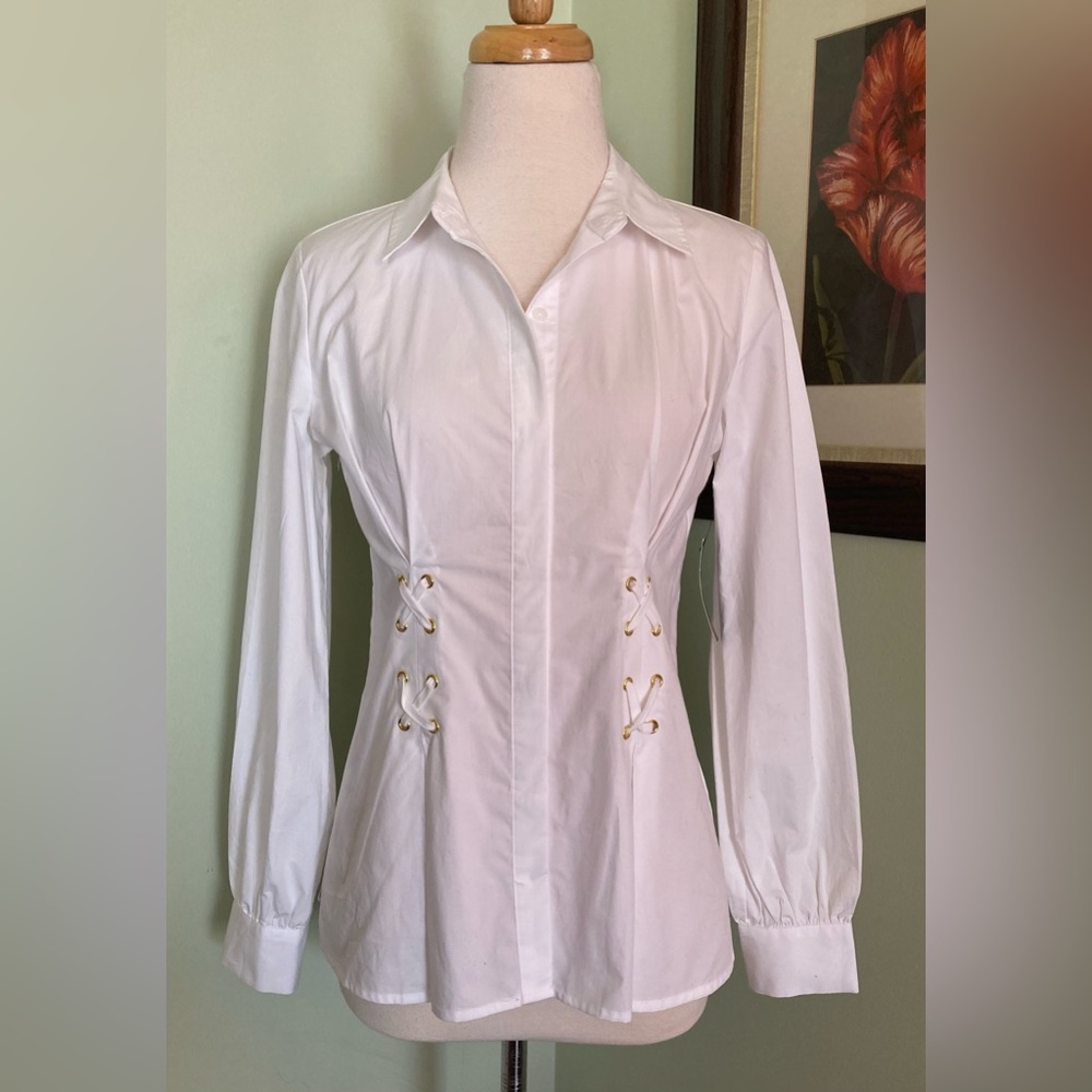 New INC Lace up detail white button down Top shirt blouse size XS S